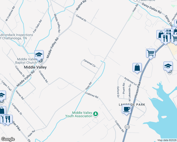 map of restaurants, bars, coffee shops, grocery stores, and more near 1410 Caramel Circle in Middle Valley