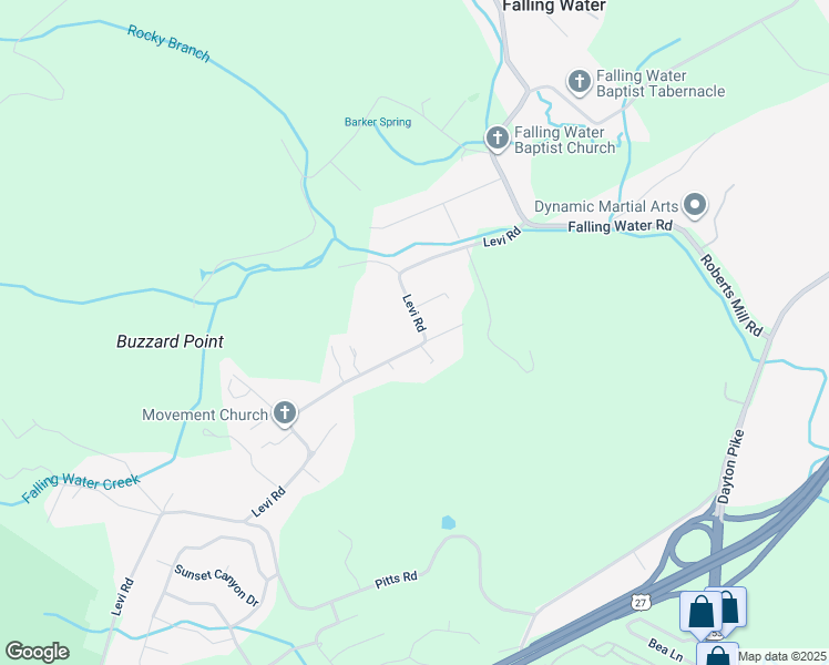 map of restaurants, bars, coffee shops, grocery stores, and more near 7001 Levi Road in Falling Water