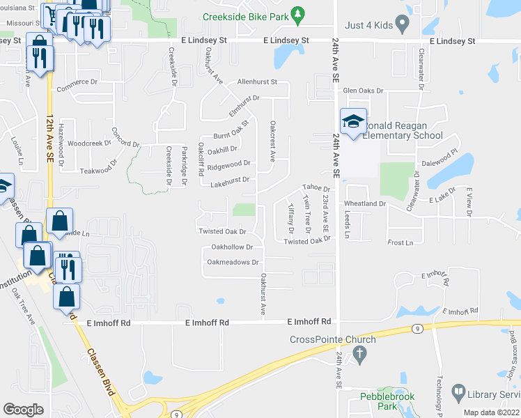 map of restaurants, bars, coffee shops, grocery stores, and more near 1905 Oakhurst Avenue in Norman