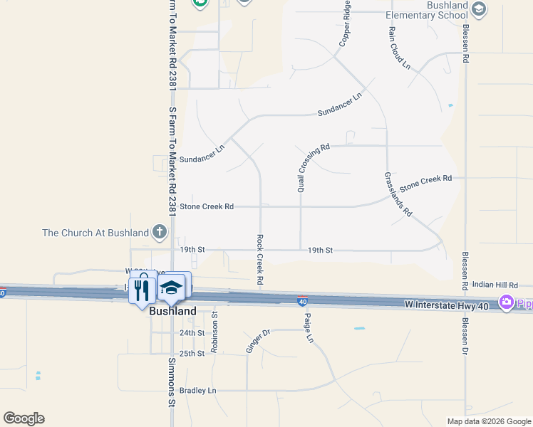 map of restaurants, bars, coffee shops, grocery stores, and more near 1501 Rock Creek Road in Amarillo