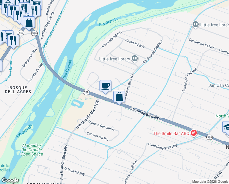 map of restaurants, bars, coffee shops, grocery stores, and more near 1116 Bona Terra Loop Northwest in Albuquerque