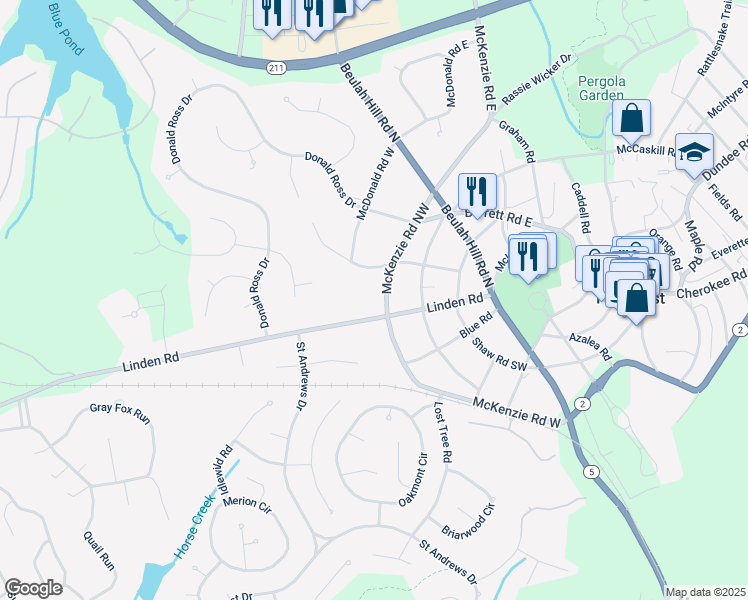 map of restaurants, bars, coffee shops, grocery stores, and more near 105 McKenzie Road East in Pinehurst