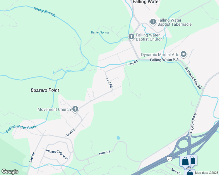 map of restaurants, bars, coffee shops, grocery stores, and more near 7001 Levi Road in Falling Water