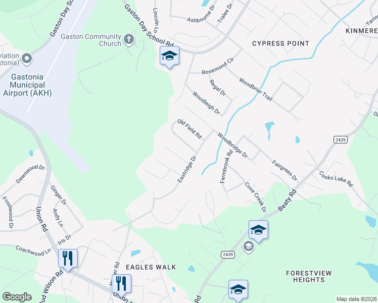 map of restaurants, bars, coffee shops, grocery stores, and more near 2369 Old Field Road in Gastonia
