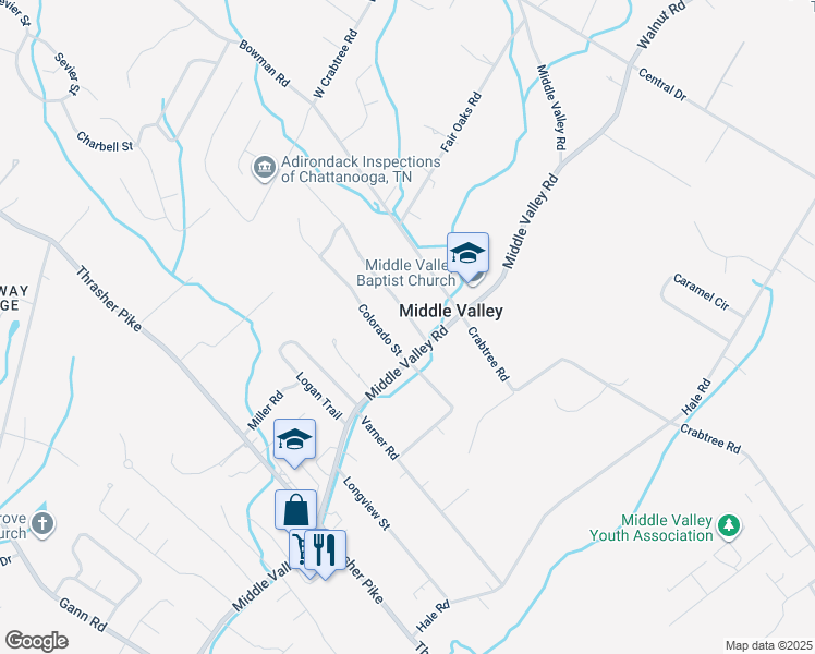 map of restaurants, bars, coffee shops, grocery stores, and more near 1648 Lisa Lynn Drive in Middle Valley