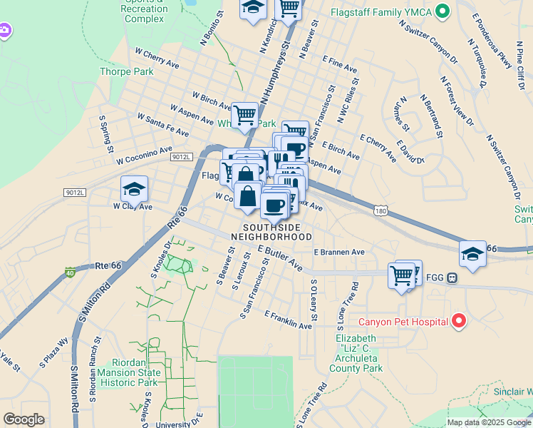 map of restaurants, bars, coffee shops, grocery stores, and more near 14 South Leroux Street in Flagstaff