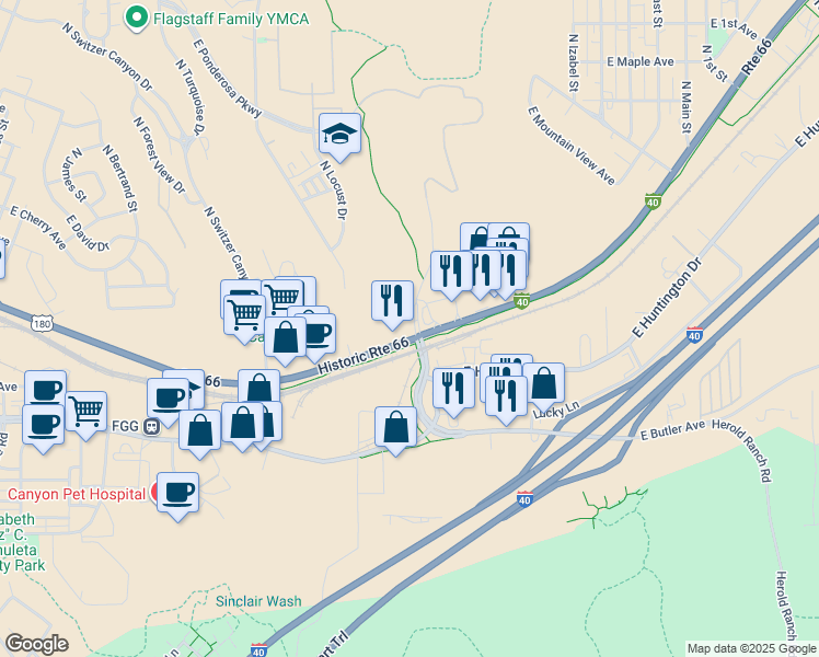 map of restaurants, bars, coffee shops, grocery stores, and more near 1600 East Route 66 in Flagstaff