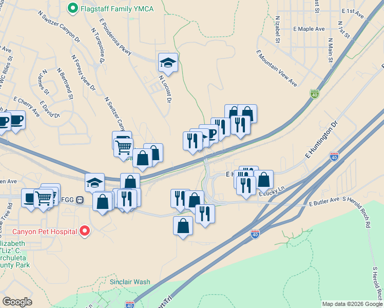 map of restaurants, bars, coffee shops, grocery stores, and more near 1562 West Historic Route 66 in Flagstaff