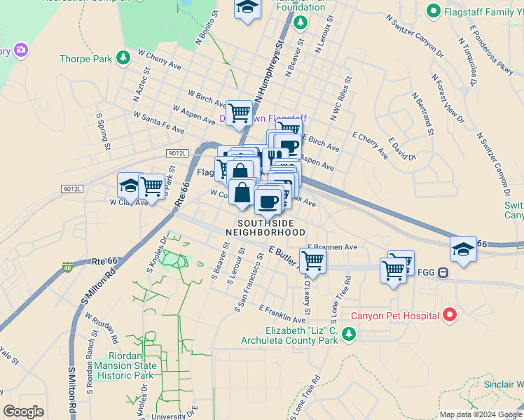 map of restaurants, bars, coffee shops, grocery stores, and more near 14 South Leroux Street in Flagstaff