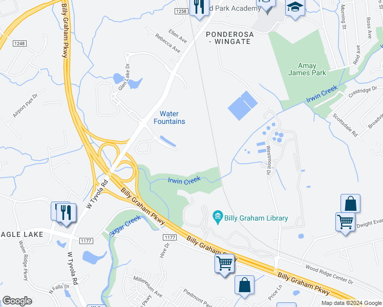map of restaurants, bars, coffee shops, grocery stores, and more near 3506 West Tyvola Road in Charlotte