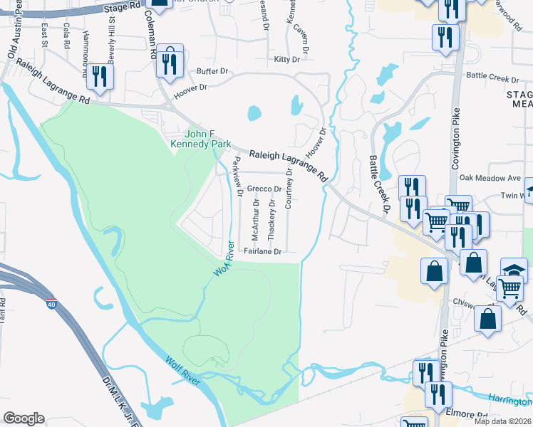 map of restaurants, bars, coffee shops, grocery stores, and more near 2586 McArthur Drive in Memphis