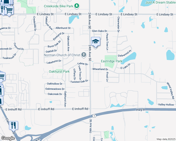 map of restaurants, bars, coffee shops, grocery stores, and more near 1802 23rd Avenue Southeast in Norman