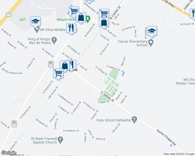 map of restaurants, bars, coffee shops, grocery stores, and more near Johnson Street in Mount Olive