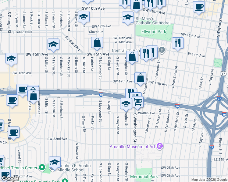 map of restaurants, bars, coffee shops, grocery stores, and more near 1205 Southwest 18th Avenue in Amarillo