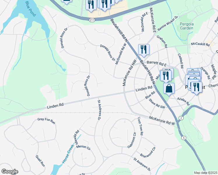 map of restaurants, bars, coffee shops, grocery stores, and more near 175 Linden Road in Pinehurst