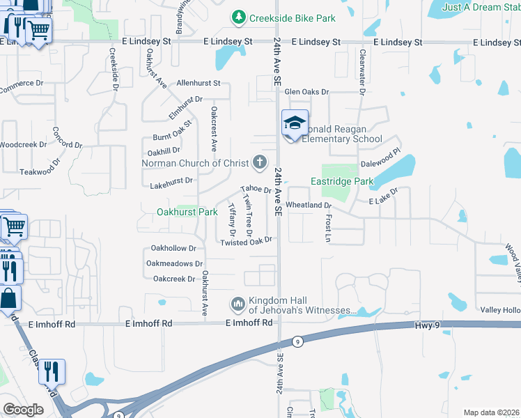 map of restaurants, bars, coffee shops, grocery stores, and more near 1820 23rd Avenue Southeast in Norman