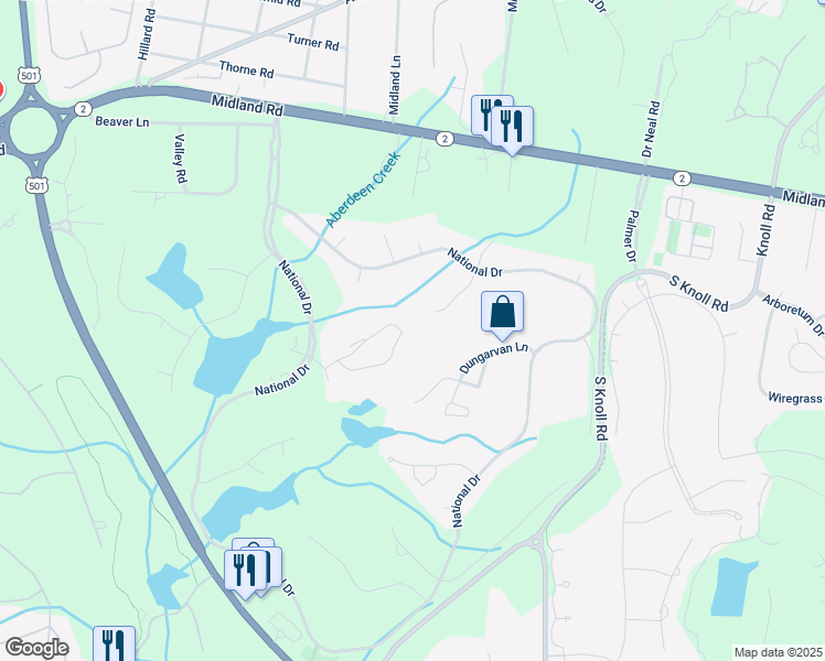 map of restaurants, bars, coffee shops, grocery stores, and more near 190 Cochran Castle Circle in Pinehurst