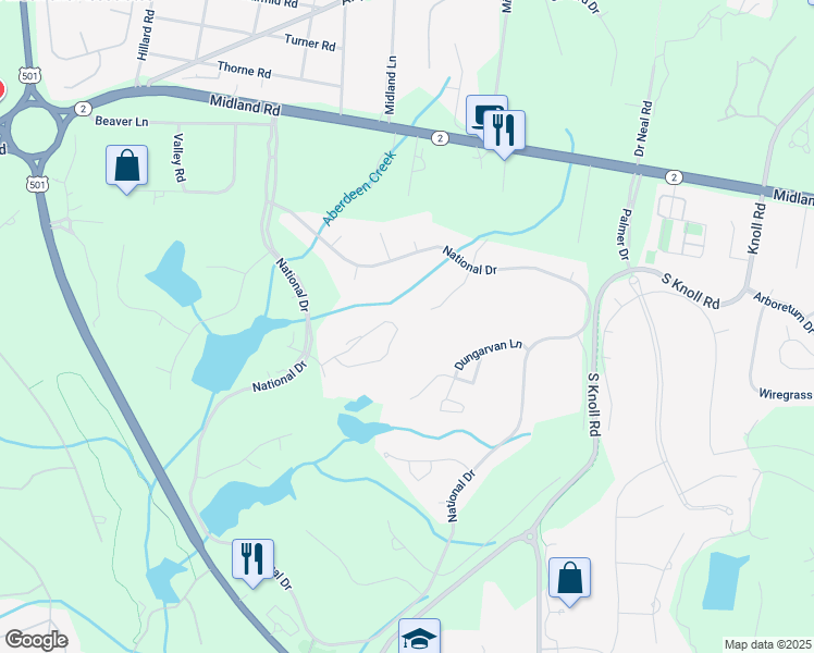 map of restaurants, bars, coffee shops, grocery stores, and more near 190 Cochran Castle Circle in Pinehurst