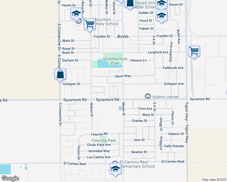map of restaurants, bars, coffee shops, grocery stores, and more near 801 Schipper Street in Arvin