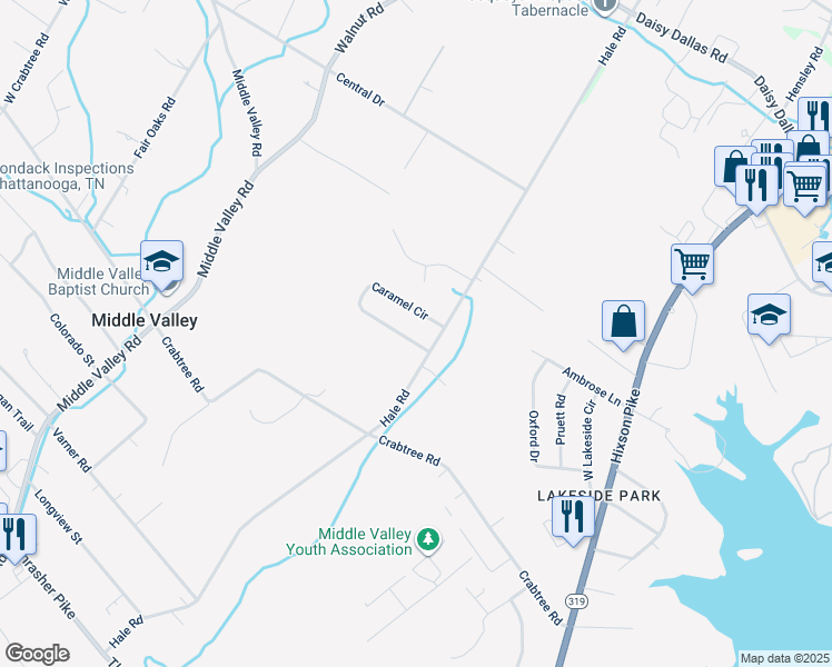 map of restaurants, bars, coffee shops, grocery stores, and more near 1407 Caramel Circle in Middle Valley