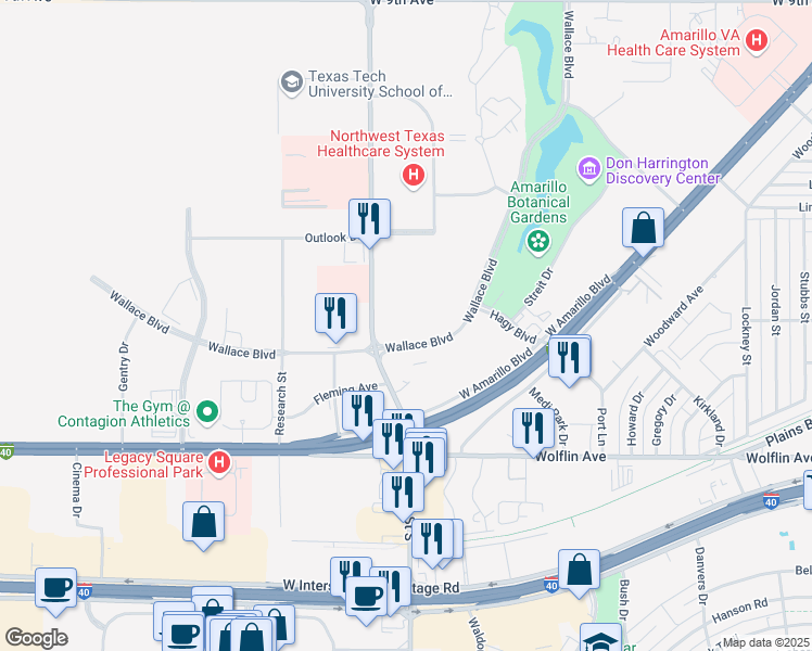 map of restaurants, bars, coffee shops, grocery stores, and more near 1600 Wallace Boulevard in Amarillo