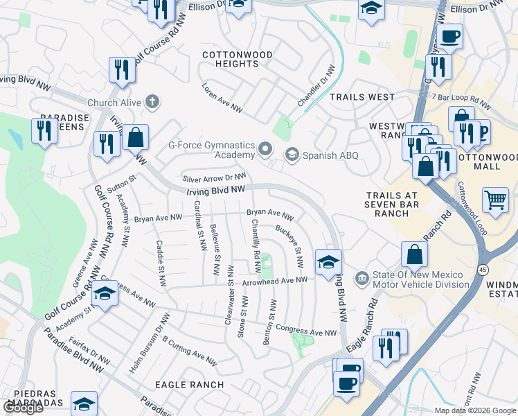 map of restaurants, bars, coffee shops, grocery stores, and more near 10009 Chantilly Road Northwest in Albuquerque