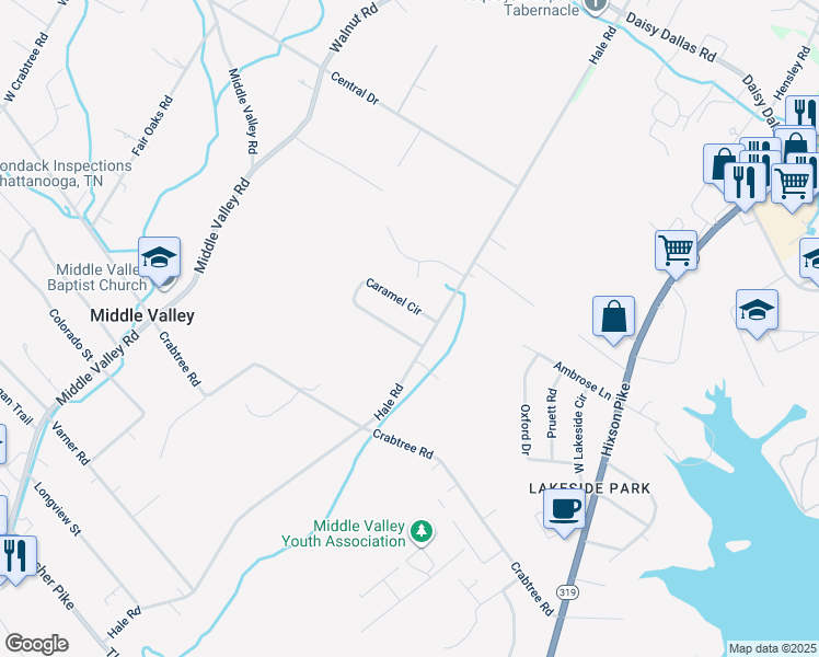 map of restaurants, bars, coffee shops, grocery stores, and more near 1407 Caramel Circle in Middle Valley