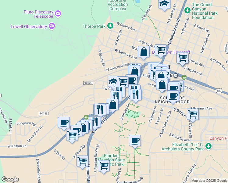 map of restaurants, bars, coffee shops, grocery stores, and more near 621 West Clay Avenue in Flagstaff