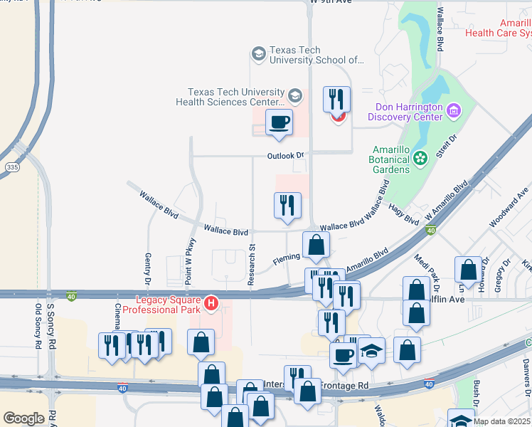 map of restaurants, bars, coffee shops, grocery stores, and more near 1849 Research Street in Amarillo
