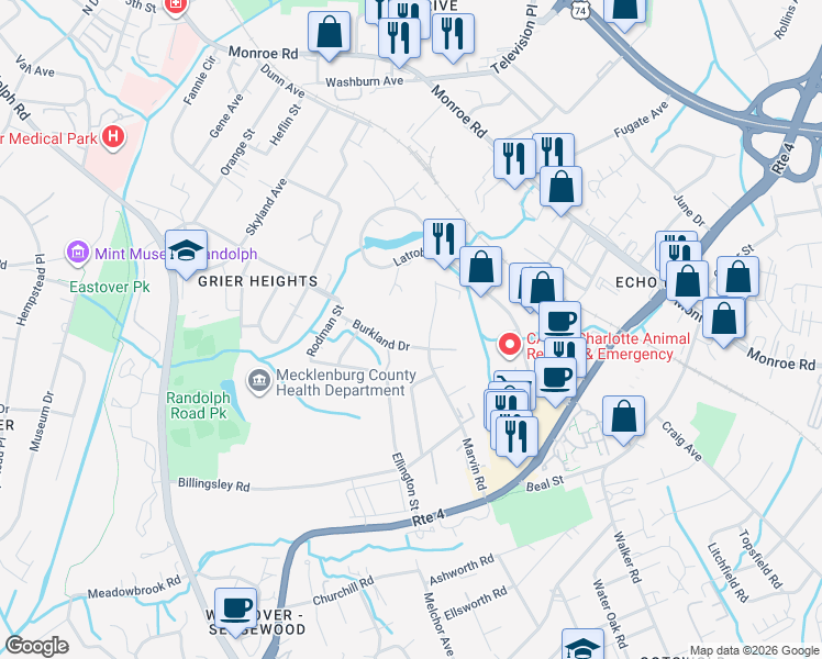 map of restaurants, bars, coffee shops, grocery stores, and more near 3517 Burkland Drive in Charlotte