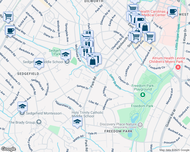 map of restaurants, bars, coffee shops, grocery stores, and more near 2500 Park Road in Charlotte