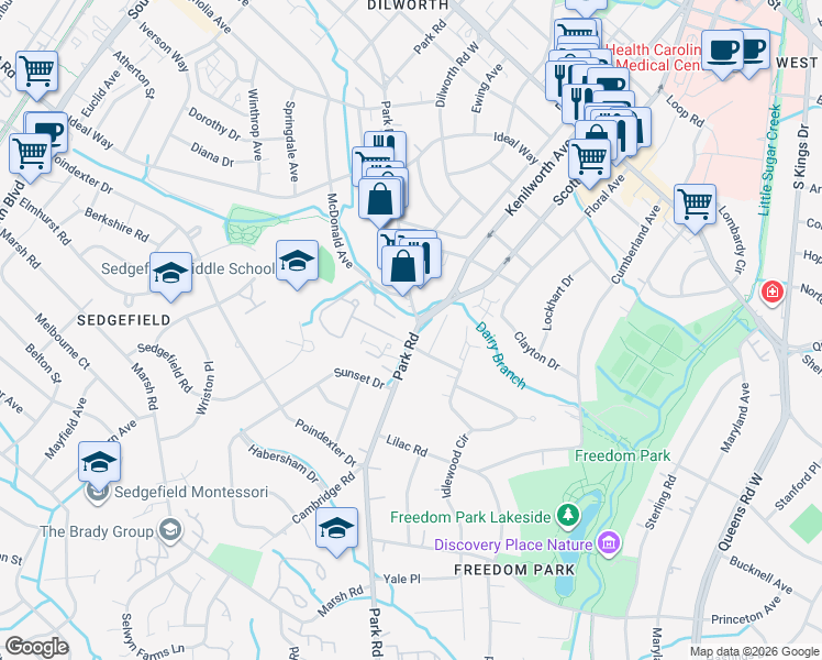 map of restaurants, bars, coffee shops, grocery stores, and more near 2500 Park Road in Charlotte