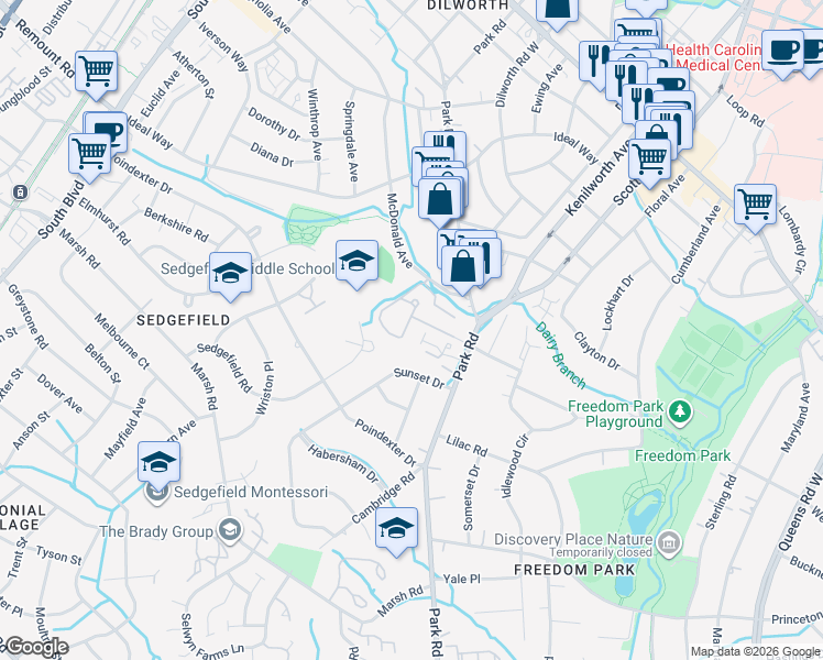 map of restaurants, bars, coffee shops, grocery stores, and more near 2626 Park Road in Charlotte