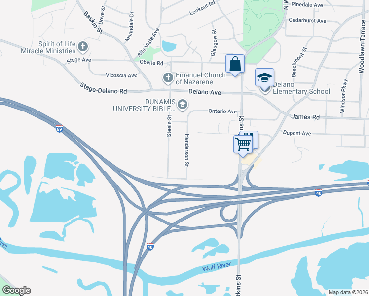 map of restaurants, bars, coffee shops, grocery stores, and more near 2580 Steele Street in Memphis