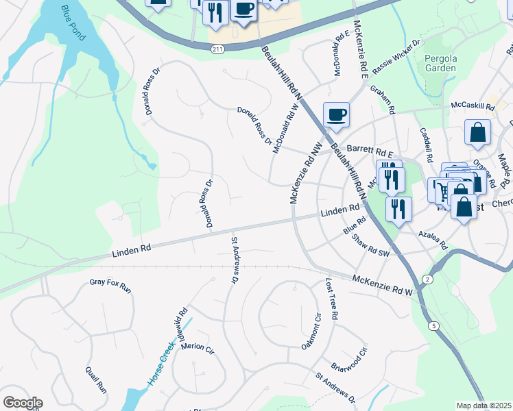 map of restaurants, bars, coffee shops, grocery stores, and more near 175 Linden Road in Pinehurst