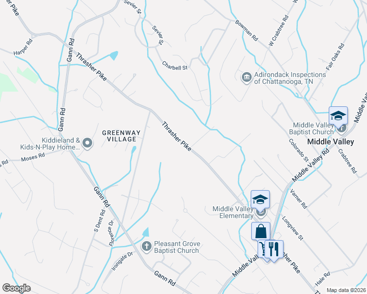 map of restaurants, bars, coffee shops, grocery stores, and more near 1433 Thrasher Pike in Middle Valley