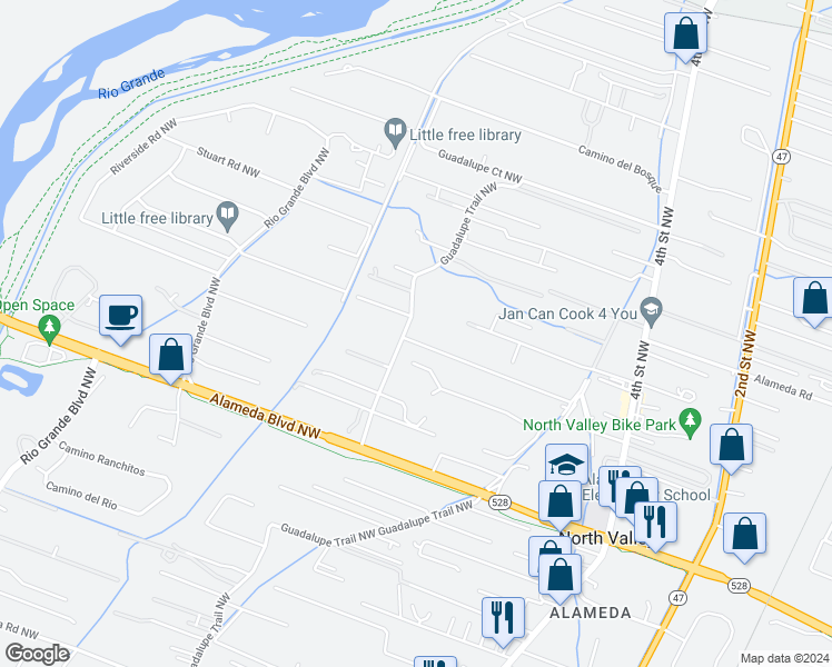 map of restaurants, bars, coffee shops, grocery stores, and more near 9818 Guadalupe Trail Northwest in Albuquerque