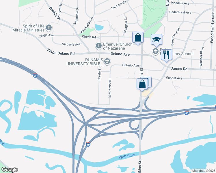 map of restaurants, bars, coffee shops, grocery stores, and more near 2580 Steele Street in Memphis