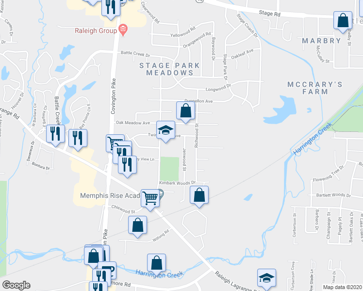 map of restaurants, bars, coffee shops, grocery stores, and more near 2571 Jenwood Street in Memphis