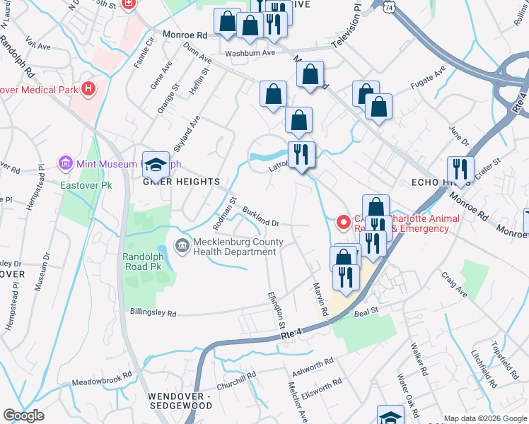 map of restaurants, bars, coffee shops, grocery stores, and more near 3517 Burkland Drive in Charlotte