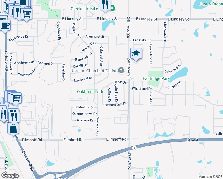 map of restaurants, bars, coffee shops, grocery stores, and more near 1800 Twin Tree Drive in Norman