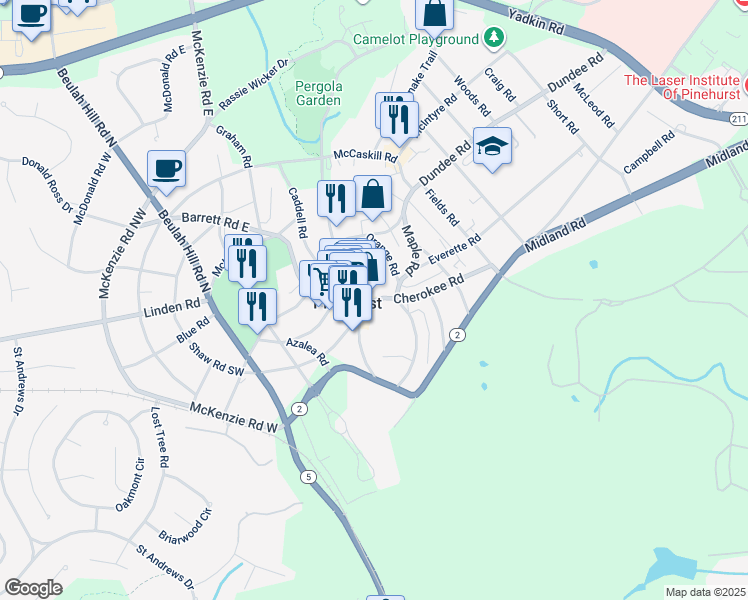 map of restaurants, bars, coffee shops, grocery stores, and more near 109 Cherokee Road in Pinehurst