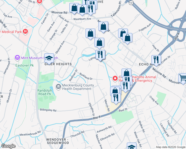 map of restaurants, bars, coffee shops, grocery stores, and more near 3517 Burkland Drive in Charlotte
