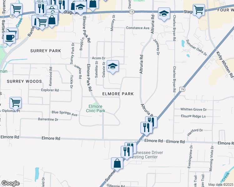 map of restaurants, bars, coffee shops, grocery stores, and more near 6306 Hawthorne Road in Bartlett