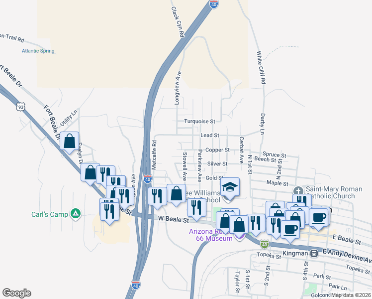 map of restaurants, bars, coffee shops, grocery stores, and more near 631 Copper Street in Kingman