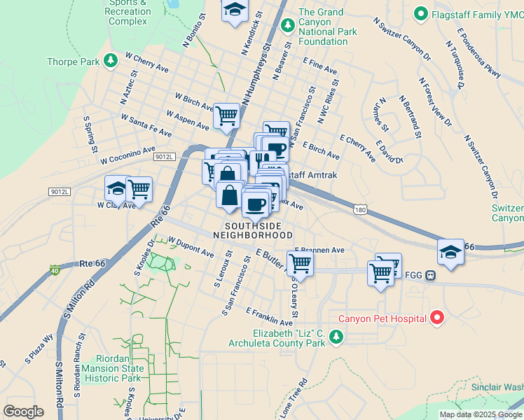map of restaurants, bars, coffee shops, grocery stores, and more near 14 South Leroux Street in Flagstaff