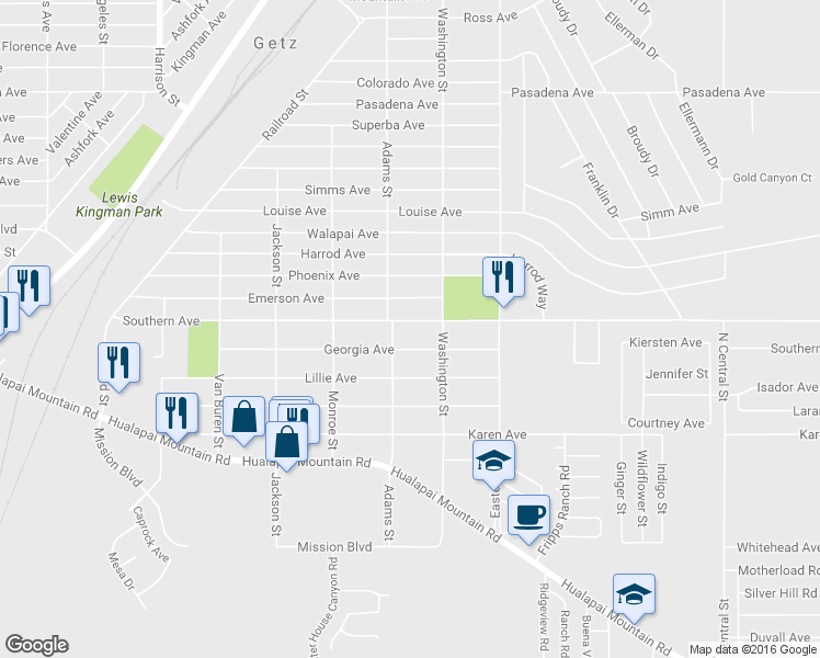 map of restaurants, bars, coffee shops, grocery stores, and more near 2716 Southern Avenue in Kingman