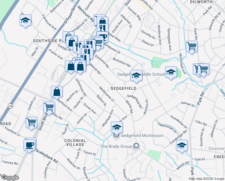 map of restaurants, bars, coffee shops, grocery stores, and more near 426 Marsh Road in Charlotte