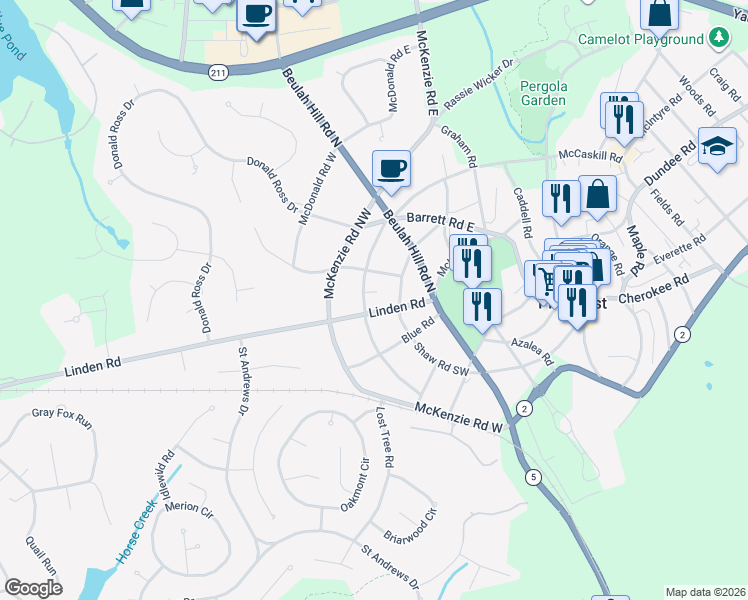 map of restaurants, bars, coffee shops, grocery stores, and more near 25 Shaw Road Southwest in Pinehurst