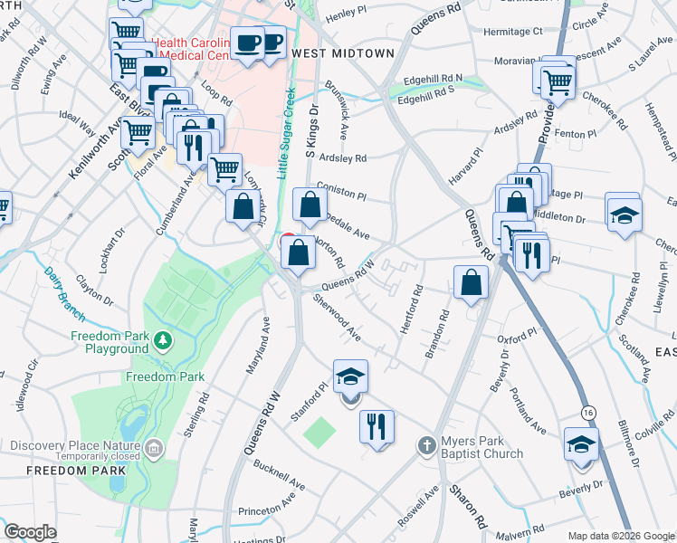 map of restaurants, bars, coffee shops, grocery stores, and more near 2046 Norton Road in Charlotte